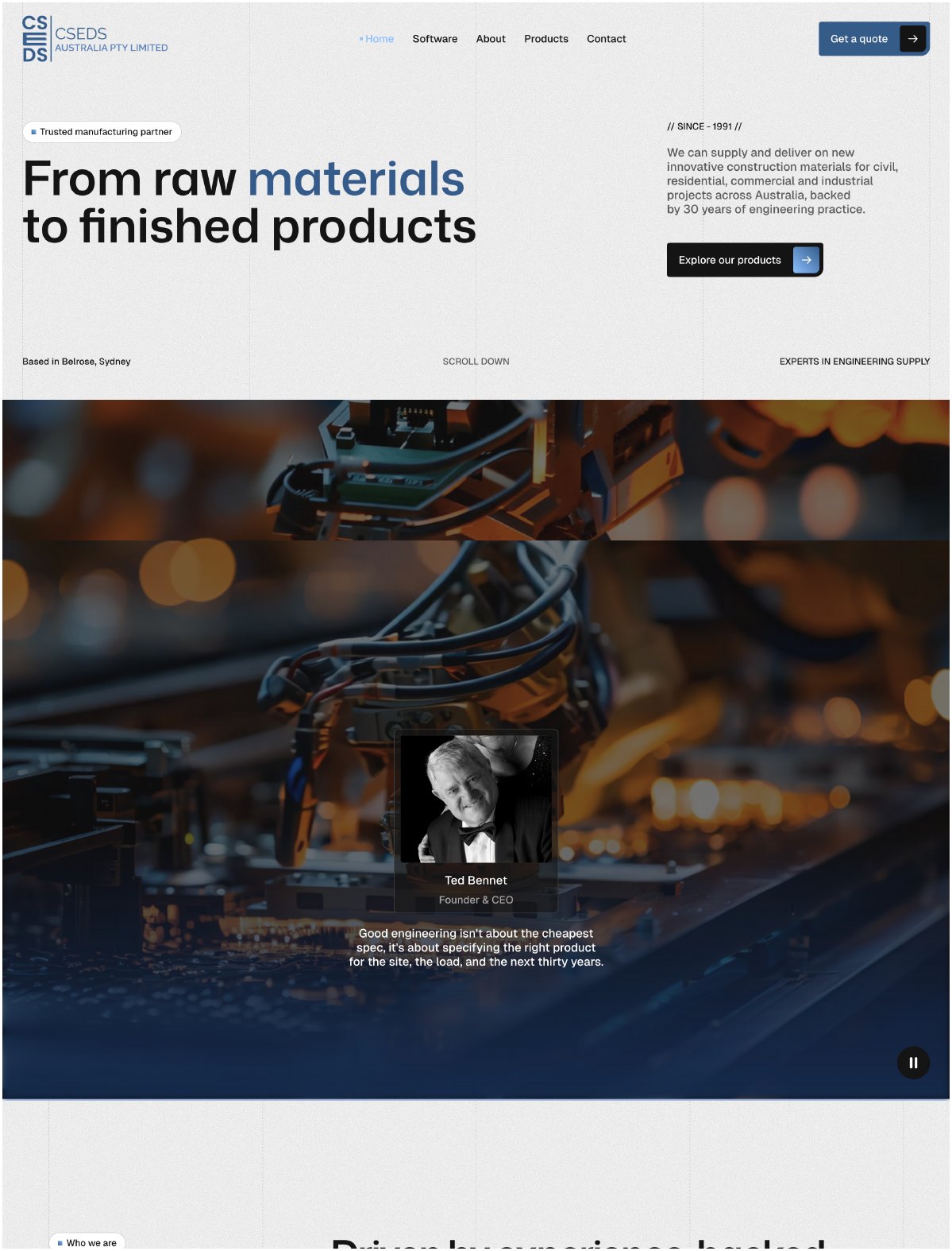 CSEDS landing page — From raw materials to finished products, over a manufacturing film.