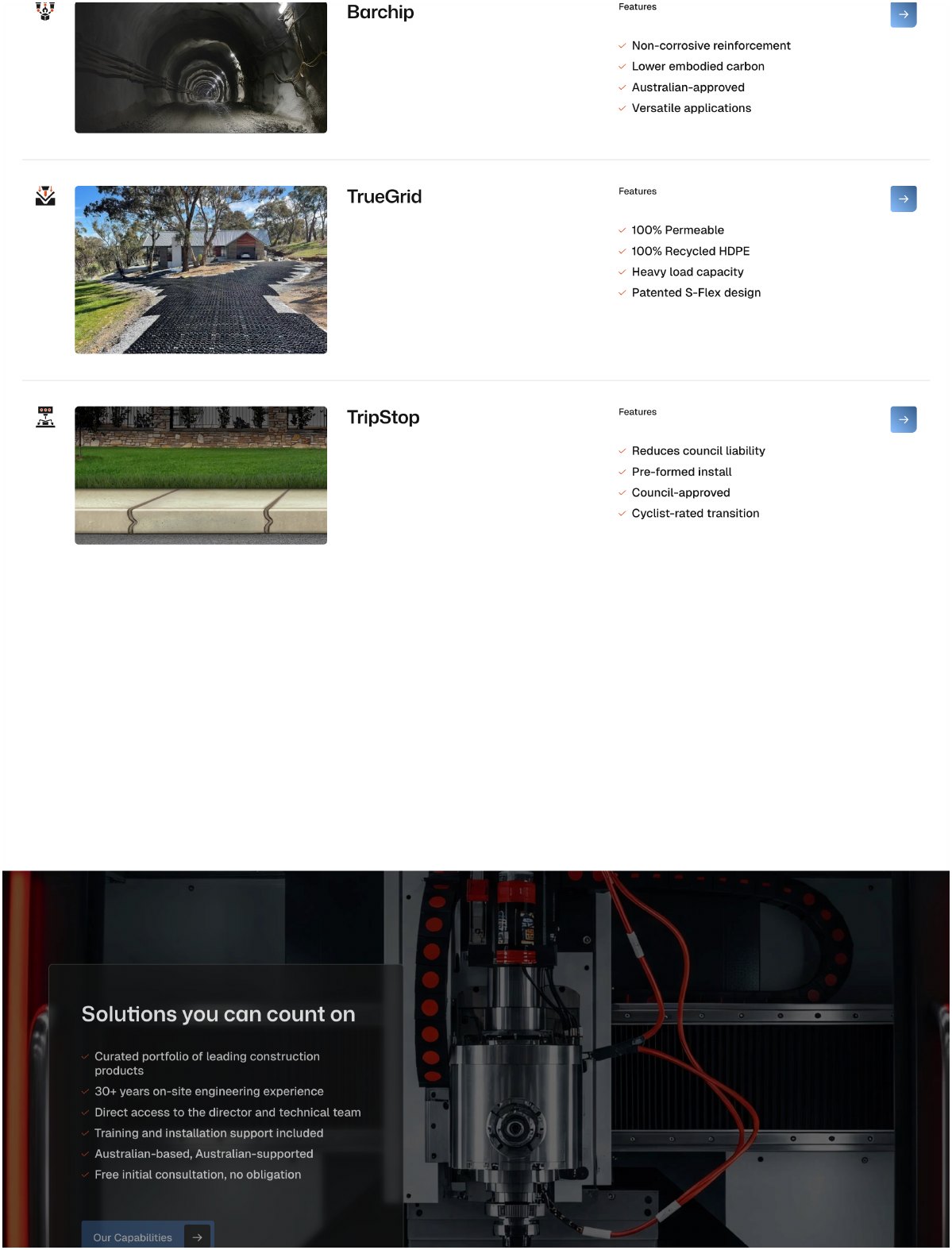Innovative products for every challenge — the product list with feature bullets.