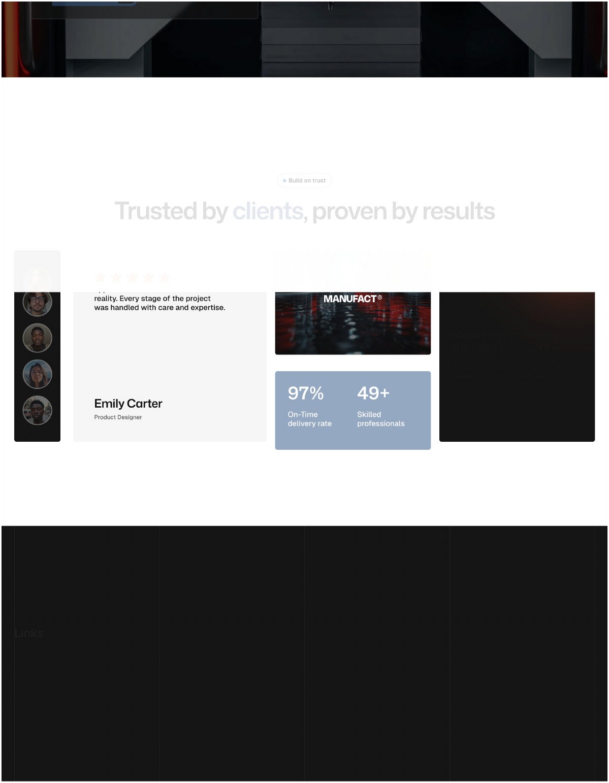 Trusted by clients — testimonials with on-time delivery rate and skilled professionals figures.