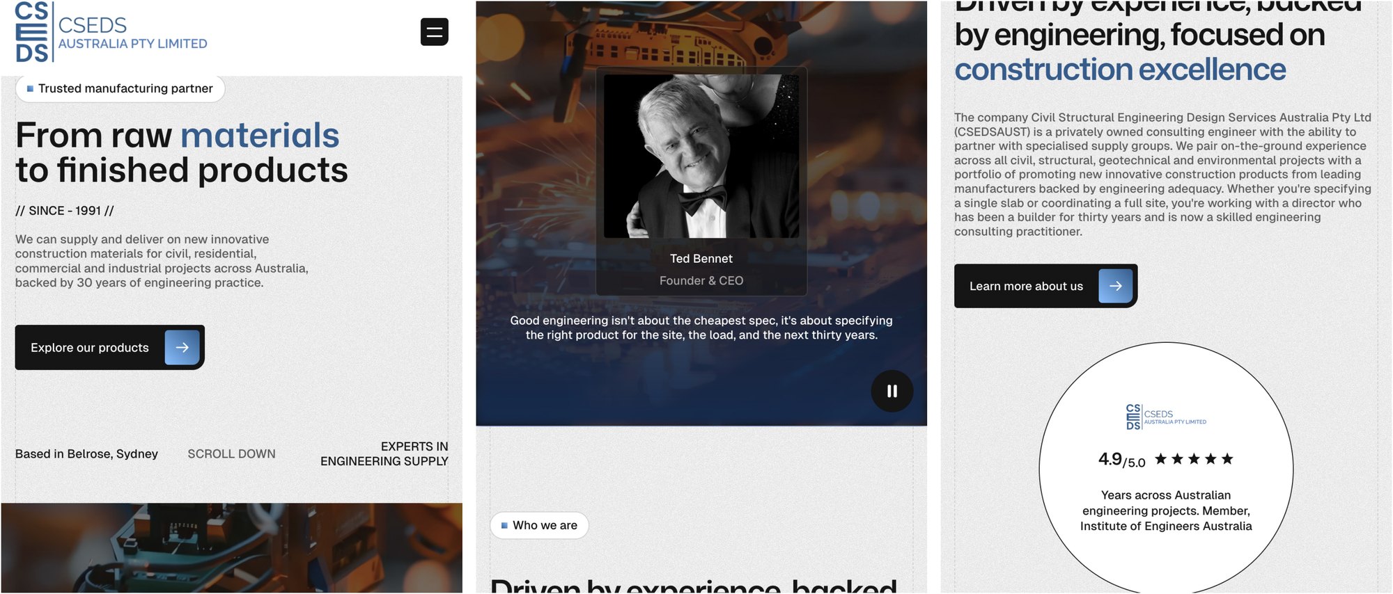 Mobile landing page — hero, founder film and the about section.