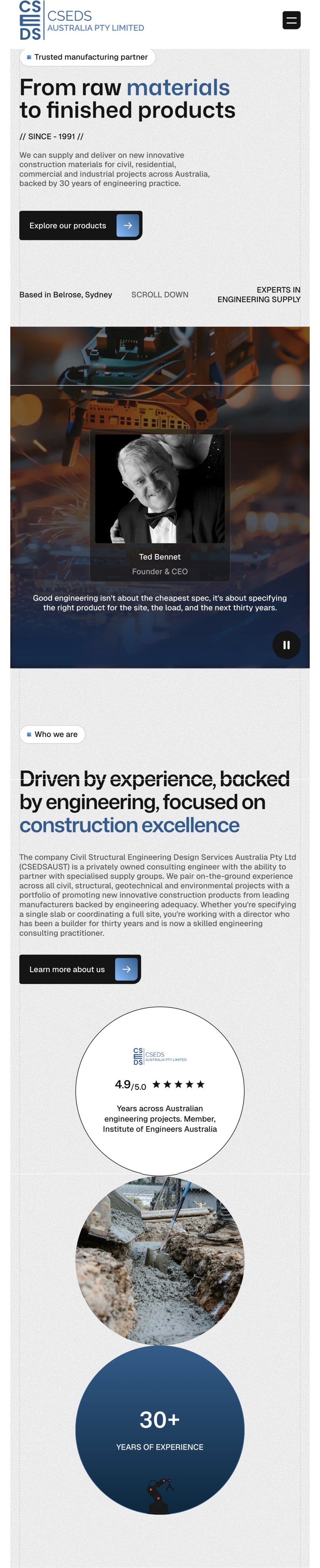 Mobile landing page — hero, founder film and the about section.