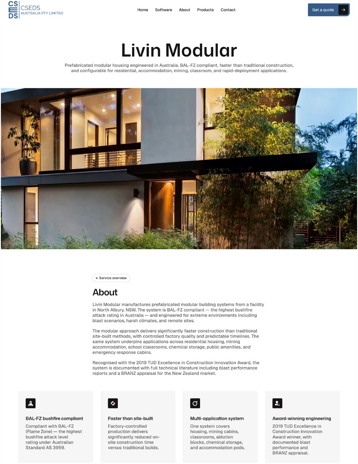 Livin Modular product page hero and overview with four compliance cards.