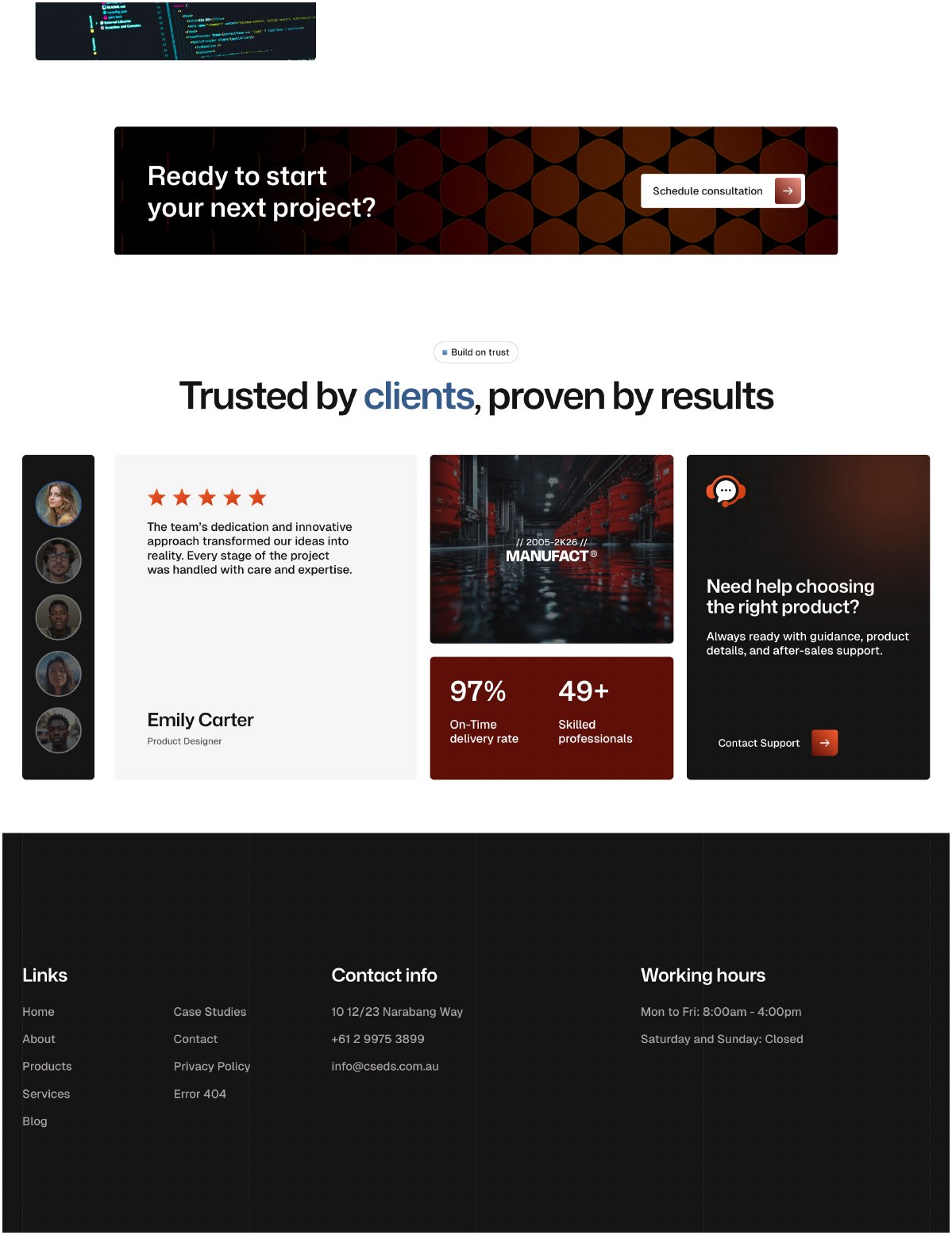 Software page proof section and footer, matching the landing page structure.