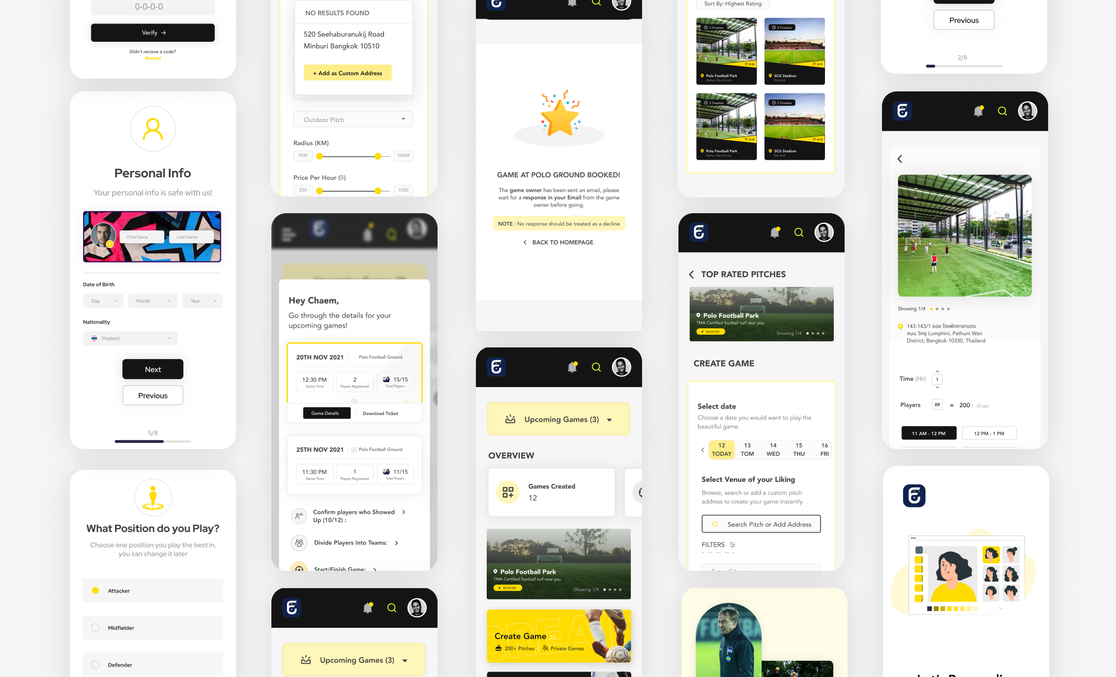 The complete Futee screen set laid out as a grid — every screen across web and iOS.