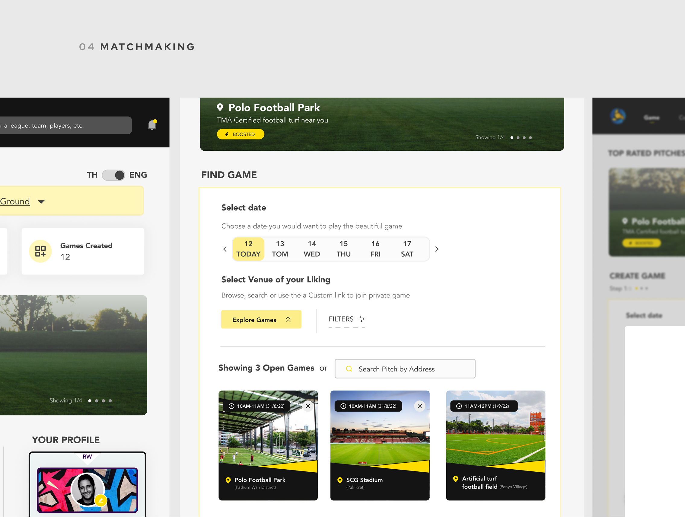 Matchmaking — find a game, with a date strip, venue selection and three open games.