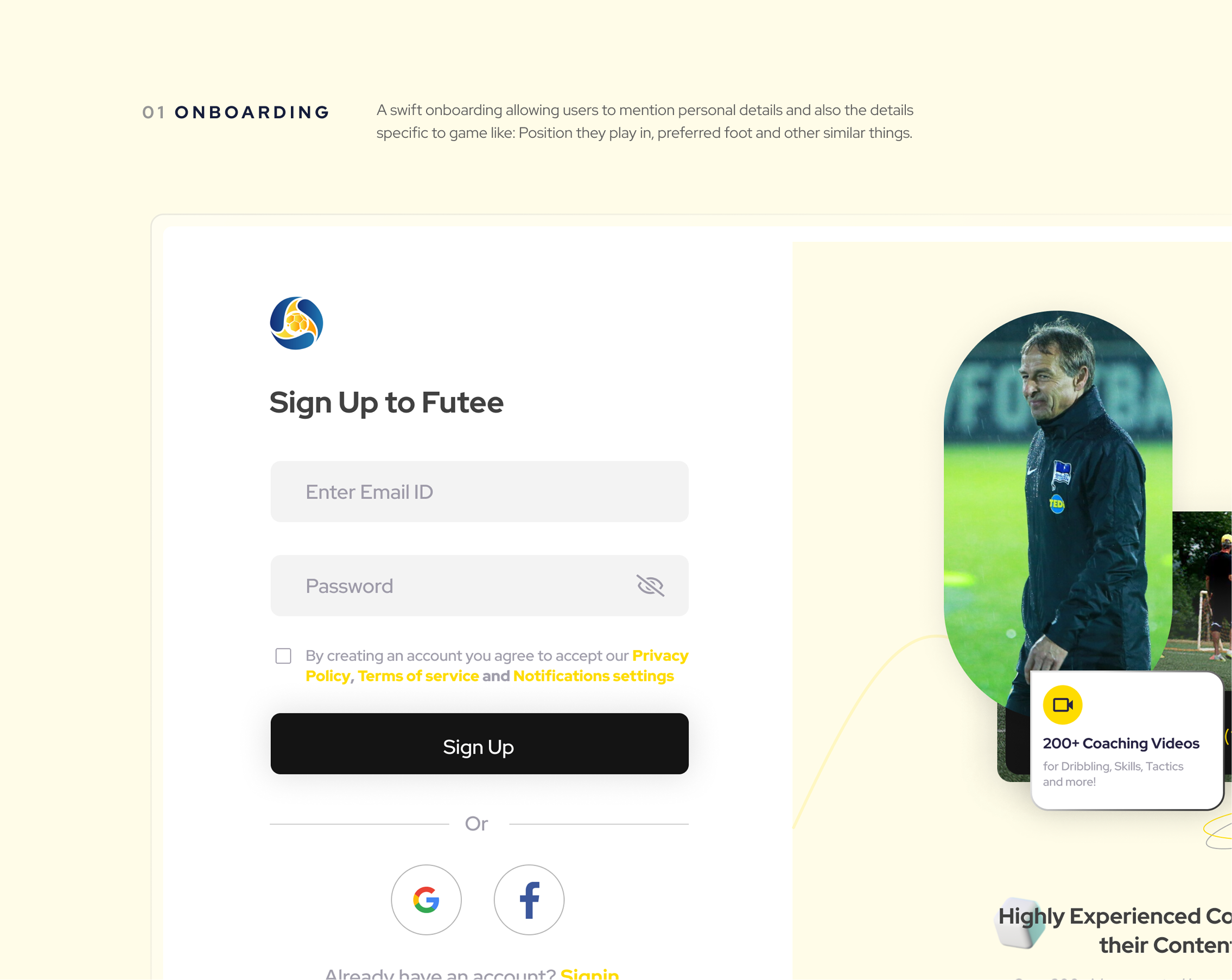 Onboarding — sign up to Futee, with email and password fields beside coaching content.