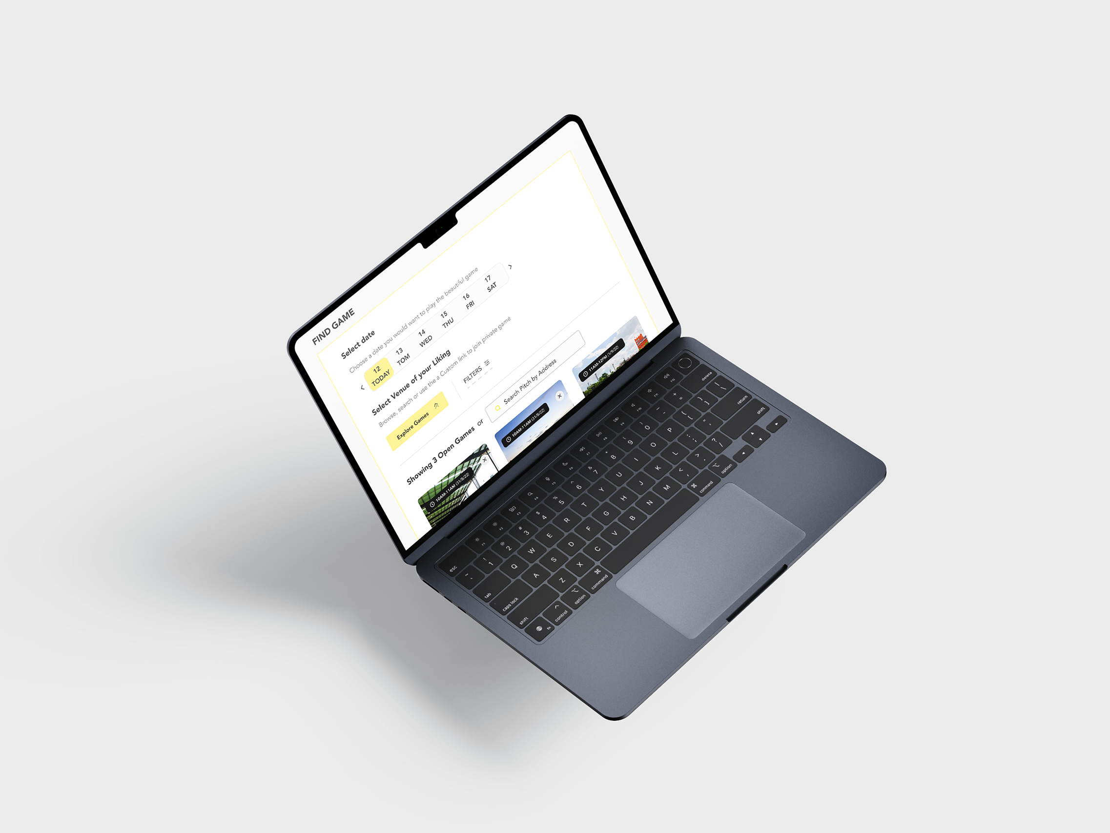 Find a game, open on a laptop — the date strip, venue and open games on one screen.