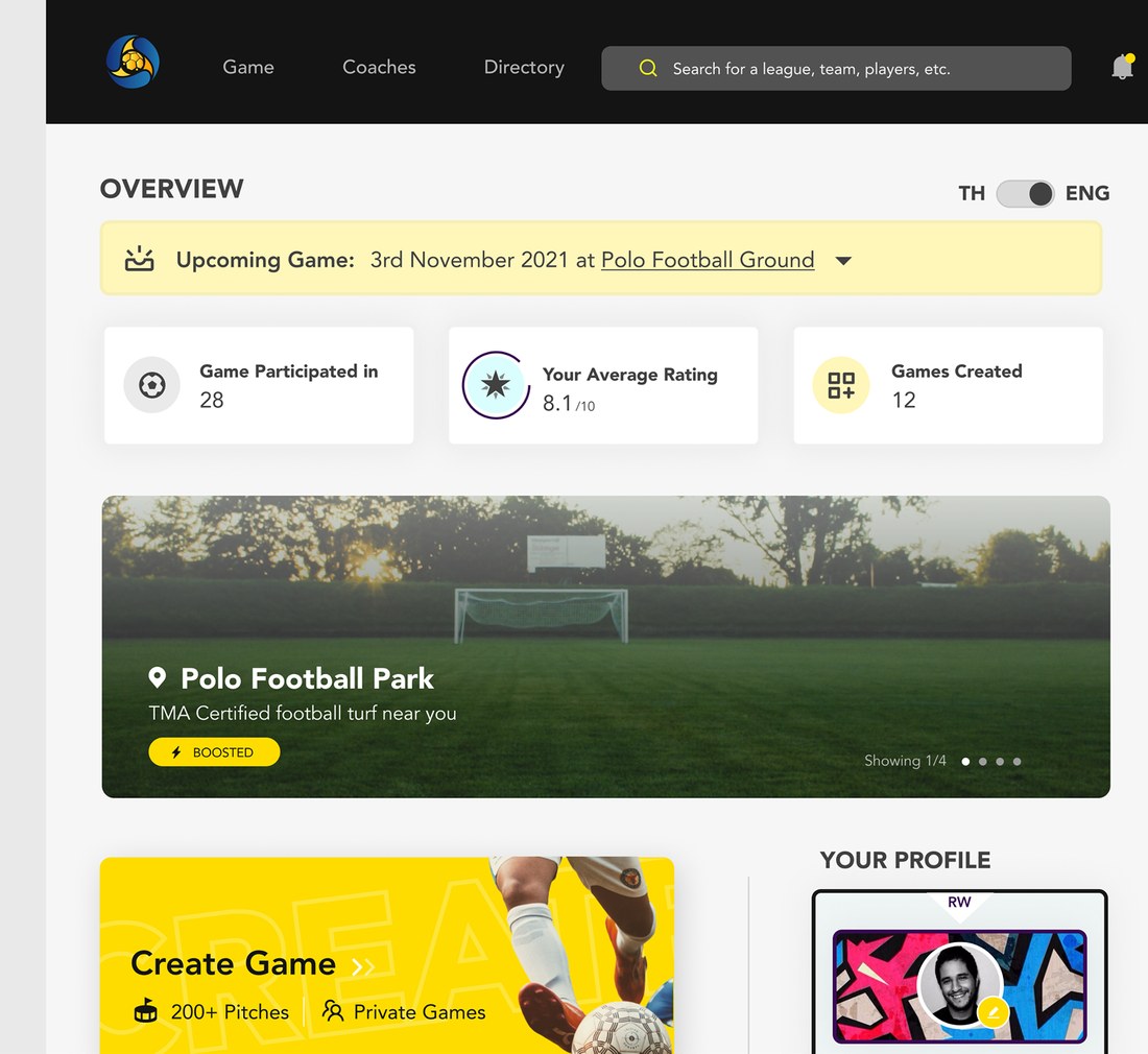 The refined Futee dashboard — upcoming game, stats, venue card and create/find shortcuts.
