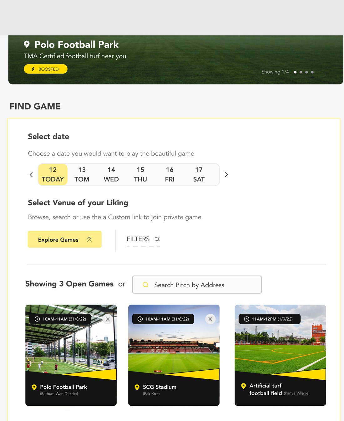 Matchmaking — find a game, with a date strip, venue selection and three open games.