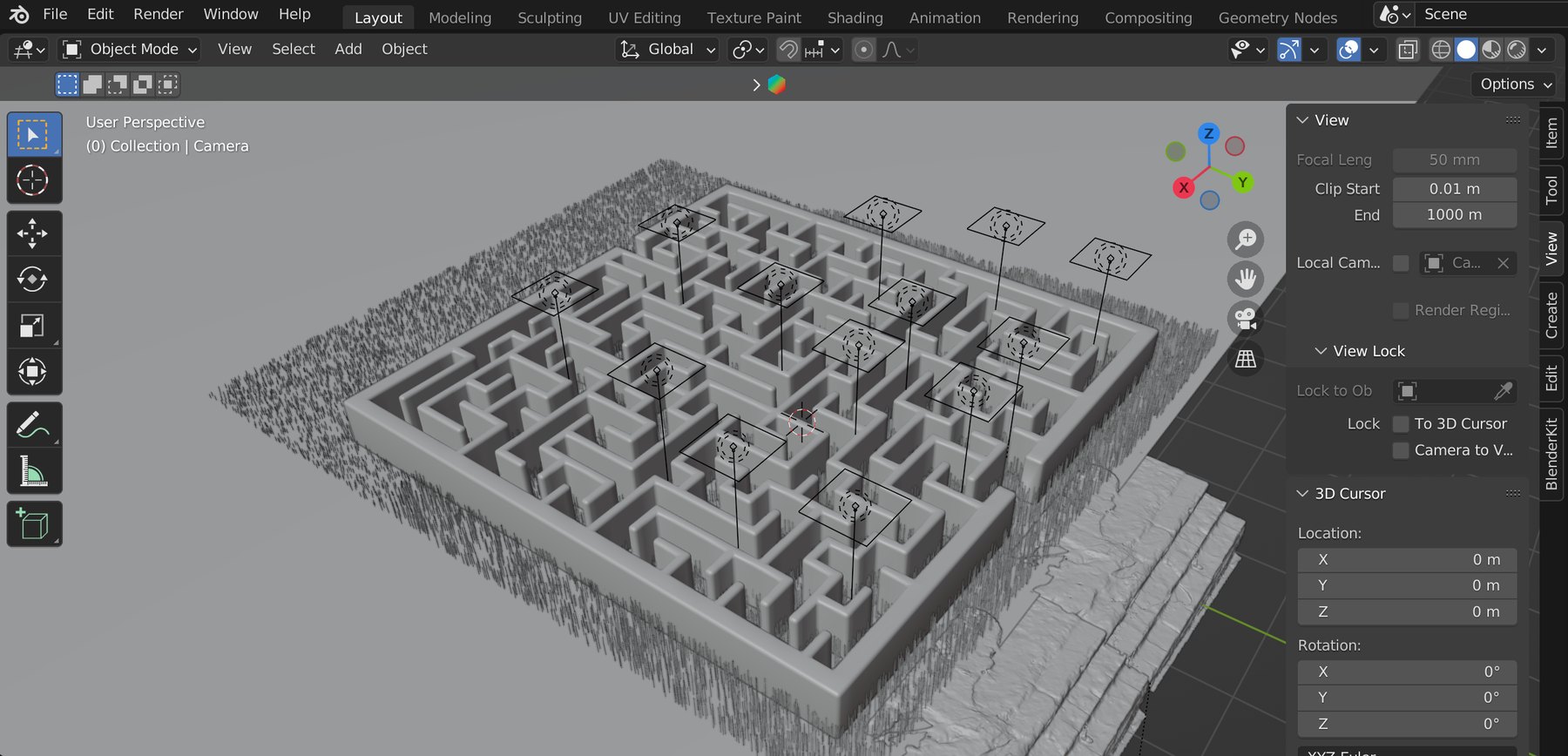 The maze modelled in Blender, grey clay render with camera rig.