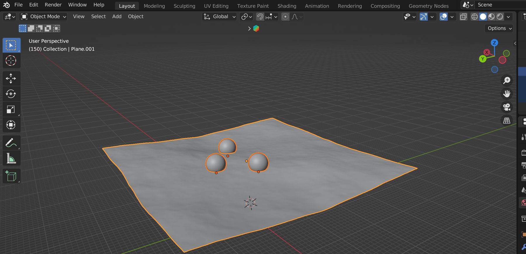 Blender viewport — the memory orbs blocked out on a plane.