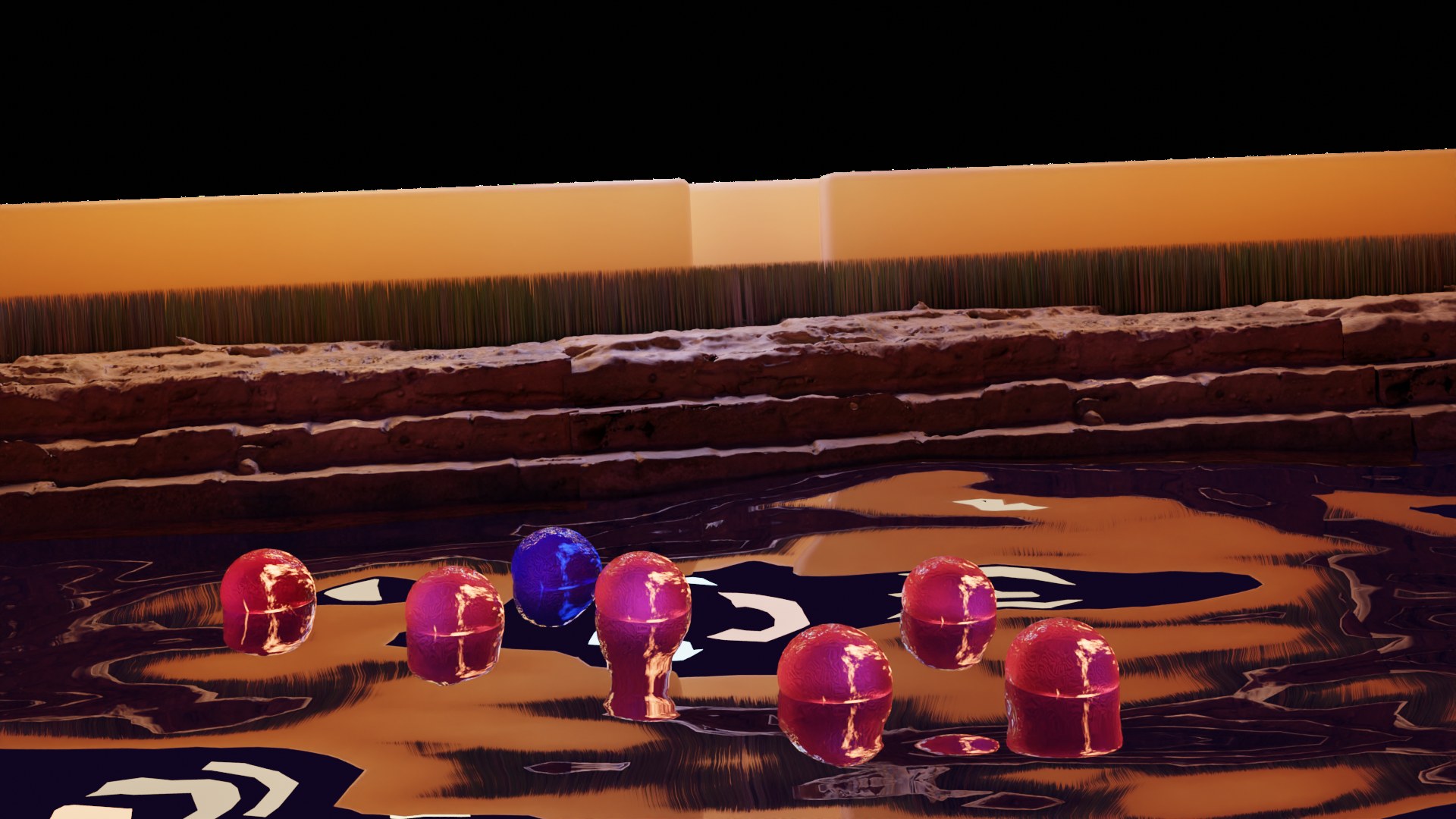 Inside the installation — lit walls and memory orbs floating on dark water.