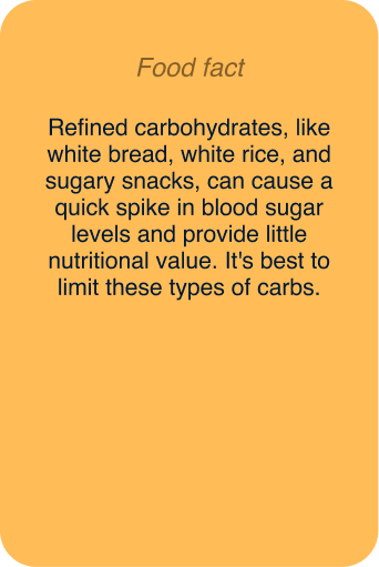 A food fact card explaining that refined carbohydrates spike blood sugar and provide little nutritional value.
