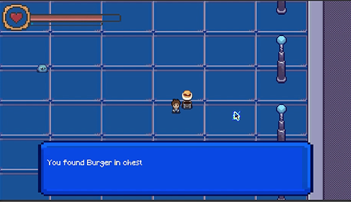 A dialogue box in the RPG reading: You found Burger in chest.