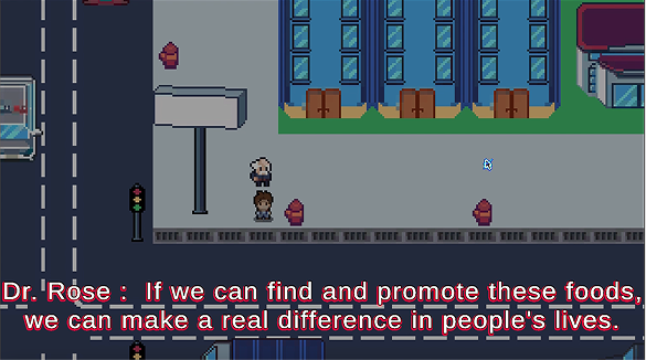 The city level, with Dr Rose's line about finding and promoting these foods rendered over the street.