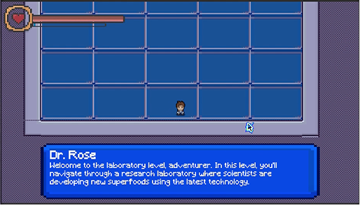 The laboratory level. Dr Rose's dialogue box covers the lower third of the screen while the player stands still.