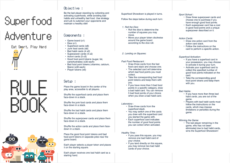 A spread from the printed rule book: objective, components, setup and the turn structure.