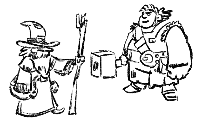 Pencil sketches of two full characters — a robed figure with a staff and an armoured figure carrying a crate.