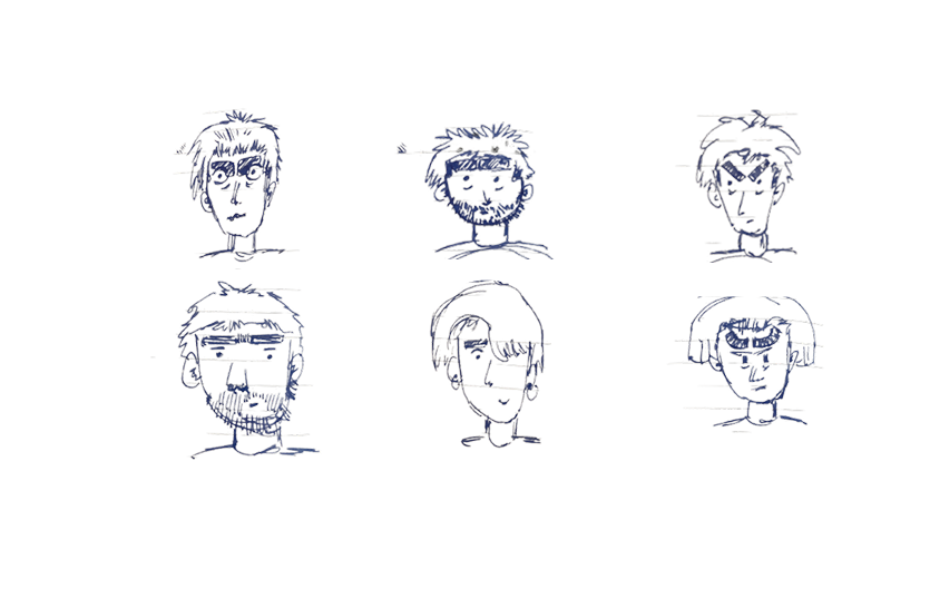 A sheet of pencil sketches: six variations on a character's face and hair.