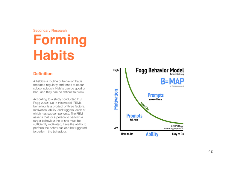 Thesis slide showing the Fogg Behaviour Model: behaviour equals motivation, ability and prompt.
